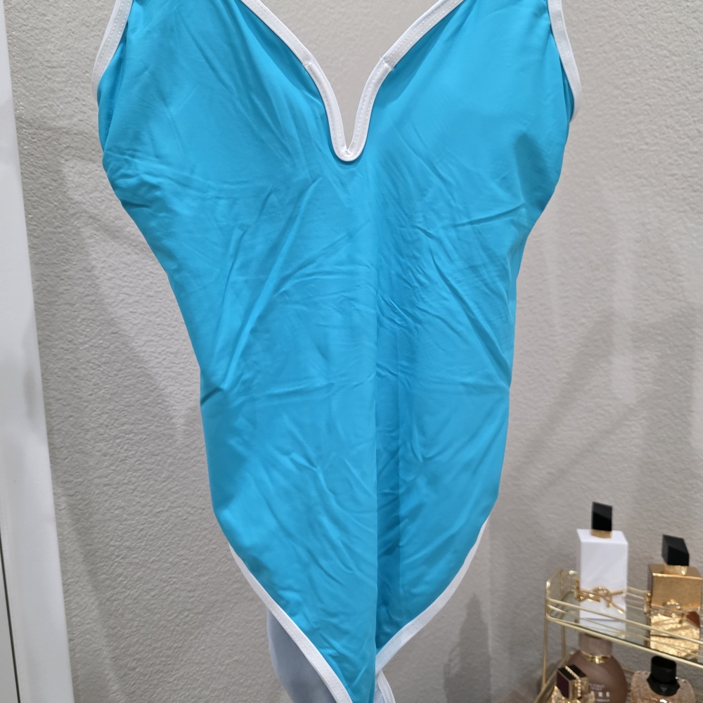 Blue One-Piece Swimsuit with White Trim